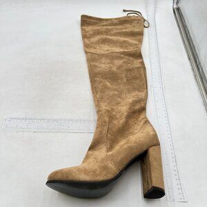 Brown Women Dressy Over Knee High Boots Closed Toe Lace Up Block Heels Shoe